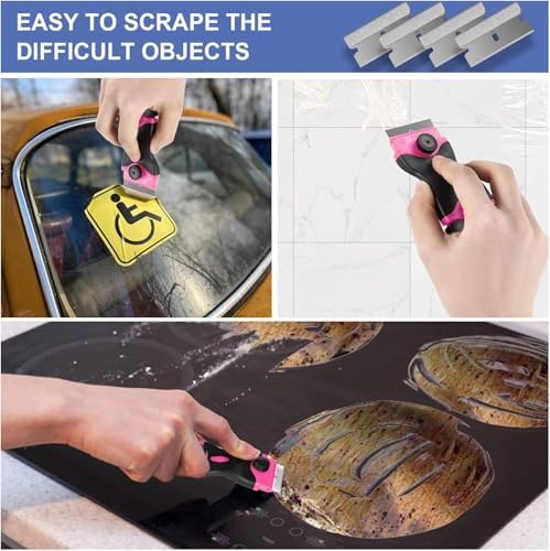 4 PCS Razor Blade Scraper with 40Pcs Metal and 40Pcs Plastic Blades, 2-in-1 Cleaning Scraper Tool for Cooktop Oven Floor Window Glass Car (Pink) - Image 6
