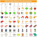 150Pcs Kitchen Playset, Toddlers Pretend Cooking Cookware Accessories, Food, Picnic Blanket, Fruits, Veges, 2Pack Shopping Storage Basket, Dessert and Prop Money, Gift for Kids (White) - Image 3