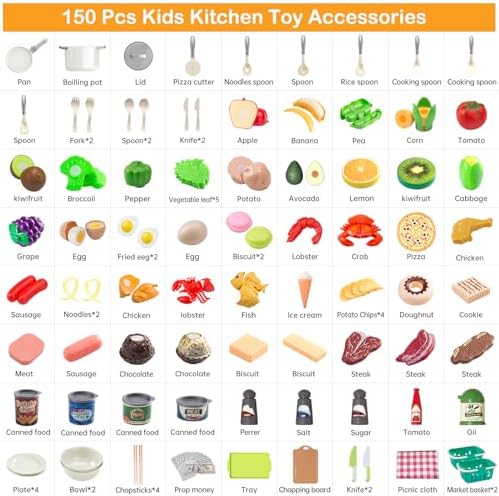150Pcs Kitchen Playset, Toddlers Pretend Cooking Cookware Accessories, Food, Picnic Blanket, Fruits, Veges, 2Pack Shopping Storage Basket, Dessert and Prop Money, Gift for Kids (White) - Image 3