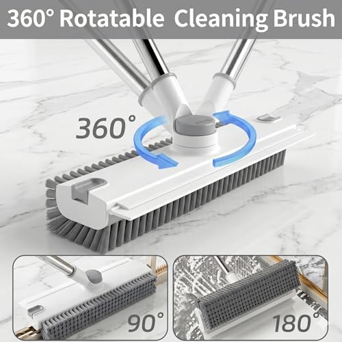 3 in 1 Floor Scrub Brush,Floor Scrubber with Squeegee and Tweezer, Push Broom with Long Handle,Heavy-Duty Stiff 90° Bristle Broom for Patio,Shower, Garage,Deck,Tile, Concrete & Wood Surface (White) - Image 4