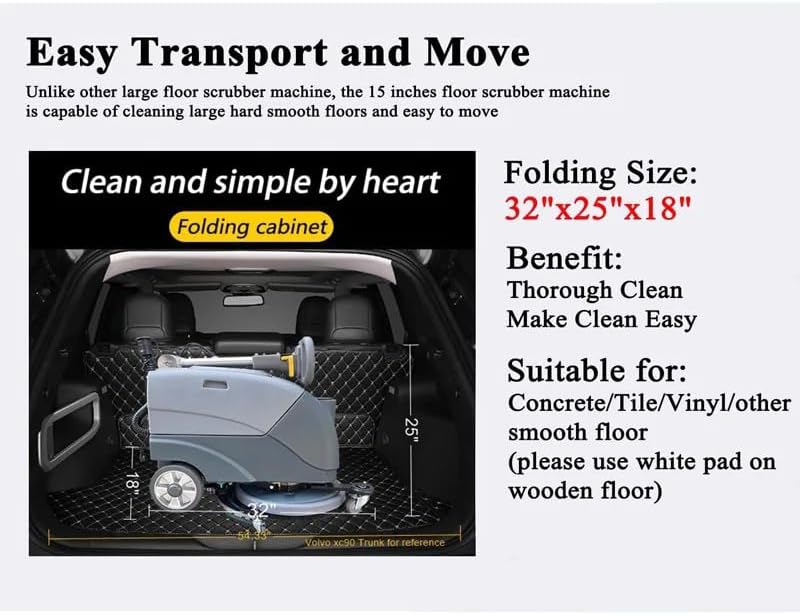 Commercial Floor Scrubber Machine with 15" Brushes, Upgrade Automatic Water Flow, 180 Degree Rotation, Floor scrubbing, Floor Cleaner Machine - Image 3