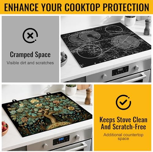 NYZE Stove Top Cover for Electric Stove 28x20 Inch Silicone Stove Topper & Protector, Decorative Kitchen Mat for Electric/Glass Stove Top (Teal & Gold Floral Tree) - Image 5