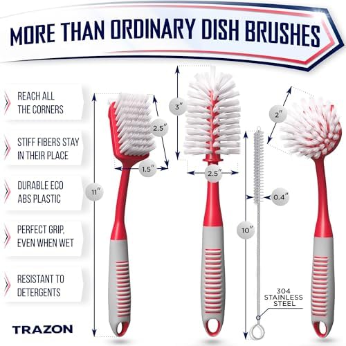 Dish Brush Set of 4 - Kitchen Scrub Brushes with Non-Slip Long Handle for Cleaning, Scrubber, Dishwashing, Dishes, Bottles, Straws, Cups, Pots & Sink, Red - Image 2