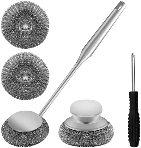 2Pcs Stainless Steel Wool Scrubber Sets, Dish Scrubber with Long Short Handle Stainless Steel Scrubber Cleaning Brush Metal Scrubber with Replacement, Steel Scrubber for Dishes Tableware Home Kitchen by HINGTAI