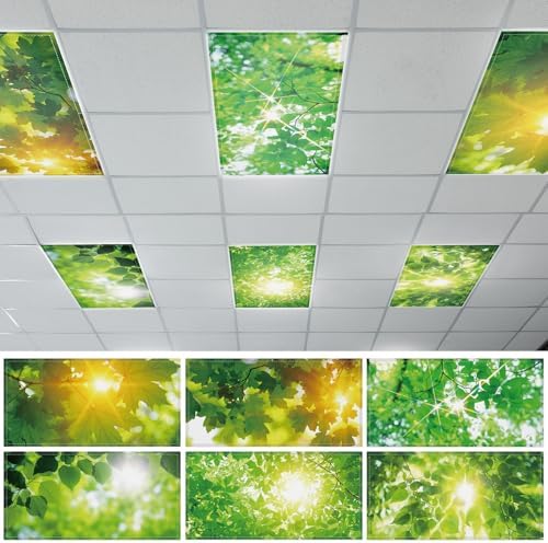Wiooffen 6 Pcs Fluorescent Light Covers with 60 Magnets Decorative for Classroom Ceiling Light 4 x 2 Feet Magnetic Light Covers Filter Easy Install for Office Hospitals & Home(Green Leaves) by Wiooffen
