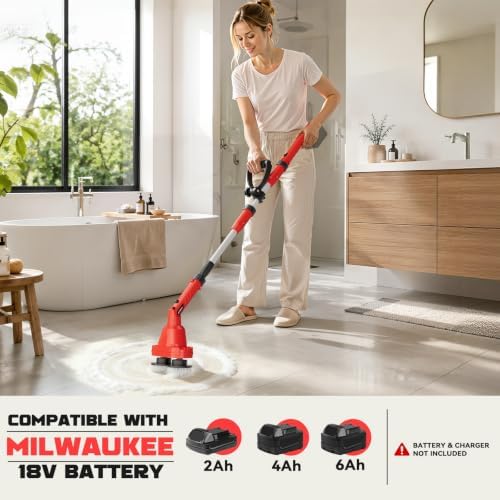 NATBEESY 2 in 1 Electric Spin Scrubber Compatible with Milwaukee 18V Battery (Tool Only), Dual Head Power Scrubber, 680/1200 RPM, 45° Adjustable Head, Extendable Handle for Tile, Tub, Floor & Bathroom - Image 3