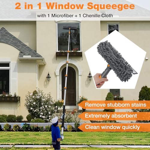 26Ft Window Squeegee with 5-19 FT Extension Poles, 2-in-1 Window Cleaning Kit with Telescopic Pole, Extra-Large 14" Window Squeegee Window Cleaner Tool with Adjustable Head, for High Window, Glass, RV - Image 3