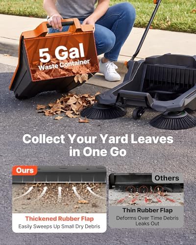VEVOR Walk-Behind Hand Push Floor Sweeper, Manual Floor Sweeper Non-Electric with 25.6" Sweeping Width, 5 Gallons Waste Container & Adjustable Folding Handle for Yards Walkways Patios Garages - Orange - Image 4