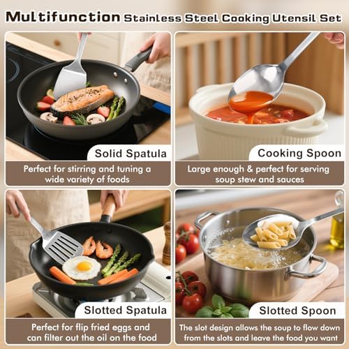 4 Pcs Cooking Utensils Set, Stainless Steel Kitchen Utensils, Heat Resistant Metal Kitchen Tools Include Solid & Slotted Turner Wok Spatula, Serving Spoon, Ergonomic Handle, Easy to Clean, Silver - Image 2