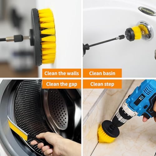 10 Pcs Drill Brush Attachment Set, Drill Scrubber Brush Kit, Drill Cleaning Brush, Scrub Brush for Grout Floor Tub Shower Bathtub Tile Sink Toilet Bathroom Kitchen Car Yellow - Image 5