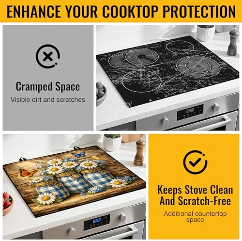 NYZE Stove Top Cover for Electric/Glass Stove, 28x20 Inch Stovetop Cover Flat Top Protector Dish Drying Mat for Kitchen (Blue Grid Daisy Jars) - Image 4