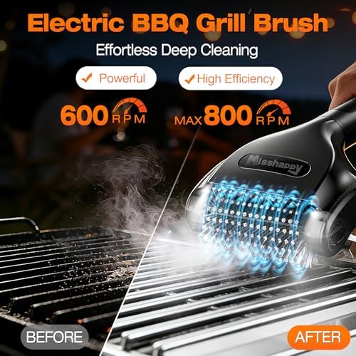 Misshappy Electric BBQ Grill Brush - 4000mAh Cordless BBQ Grill Cleaner 2 Speed - 800RPM Bristle Free Electric Grill Cleaner for Outdoor Grill Rechargeable with Scraper/LED Light/LED Display (Black) - Image 2