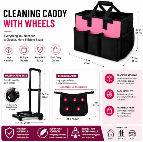 Cleaning Caddy with Wheels and Cleaning Apron, Built-in Hard Support Board - Image 2
