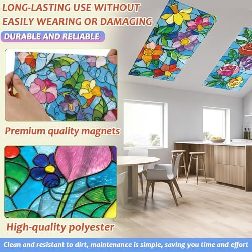 Wiooffen 6 Pcs Fluorescent Light Covers with 60 Magnets Decorative for Classroom Ceiling Light 4 x 2 Feet Magnetic Light Covers Filter Easy Install for Office Hospitals & Home (Stained Glass Floral) - Image 3