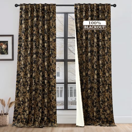 StangH Gold 100% Blackout Retro Floral Velvet Curtains 96 Inch 2 Panels by StangH