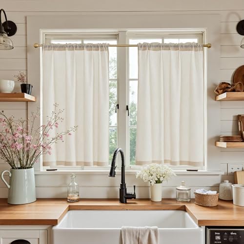 jinchan Beige Rustic Linen Rod Pocket Kitchen Curtains, 26x36, 2 Panels by JINCHAN