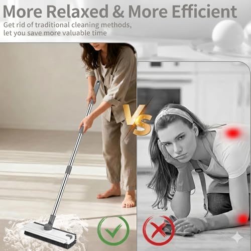 3 in 1 Floor Scrub Brush,Floor Scrubber with Squeegee and Tweezer, Push Broom with Long Handle,Heavy-Duty Stiff 90° Bristle Broom for Patio,Shower, Garage,Deck,Tile, Concrete & Wood Surface (White) - Image 5