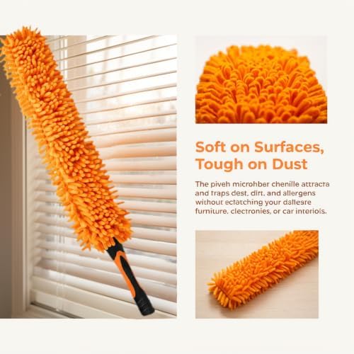 Chenille Duster with Bendable Head – Washable Ceiling Fan Duster for High Ceilings, Blinds, and Furniture – Universal Thread Fit for Easy Cleaning, Orange - Image 3