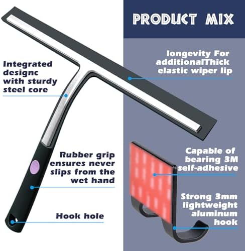 Squeegee for Shower Door 14 Inch Wide Blade, 11 Inch Short Handle One-Piece Silicone with Stainless Steel Core, Non-Slip Grip Window Squeegee for Bathroom Mirror Car Windshield, Aluminum Hook (Black) - Image 5