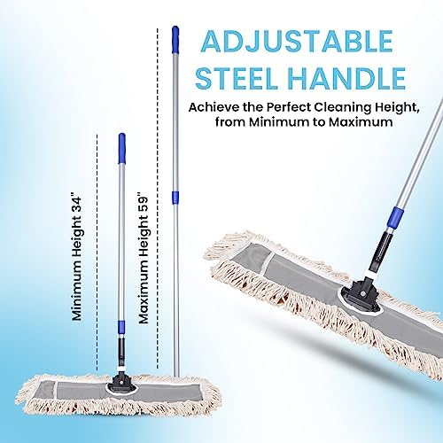 24" Industrial Cotton Floor Dust Mop with adjustable Steel Handle - Commercial Mops for Hardwood, Tiles, Laminate, Vinyl, Garage epoxy, Bamboo surface cleaning and Flooring Push Dust Broom - Image 4