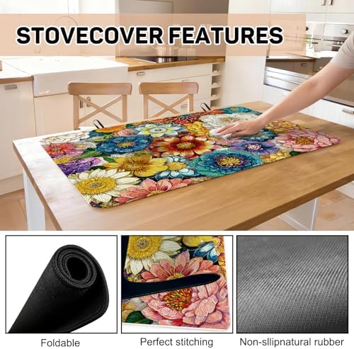 Boho Floral Stove Top Cover for Electric Stove, Bohemia Ethnic Style Range Covers for Electric Stove, Rubber Dish Drying Mat, Glass Cooktop Covers, Flat RV Range top Mats, 28"x20" - Image 6