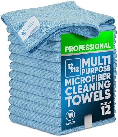 MW PRO Microfiber Cleaning Cloths Blue (12 Pack, 12x12) - Commercial Janitorial Towels & Lint Free Rags - Heavy Duty for Auto Detailing, Glass Windows, Housekeeping & Screens - Washable 300+ Times by MicrofiberWholesale