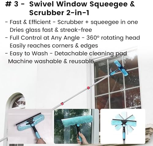 Ceiling Fan Duster Kit 5-in-1 – Screw-On Cobweb Duster, Squeegee & Microfiber Heads – Washable Bendable – Fits Standard 3/4" Threaded Extension Pole – House Cleaning Kit, Blue - Image 5