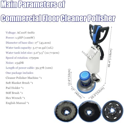17" Floor Cleaner Polisher Commercial Floor Scrubber Buffer Commercial Floor Polishing Cleaning Machine Industrial Ground Scrubber Buffer with Three Brush Discs, 17"(43.2cm) Diameter, AC110V - Image 3