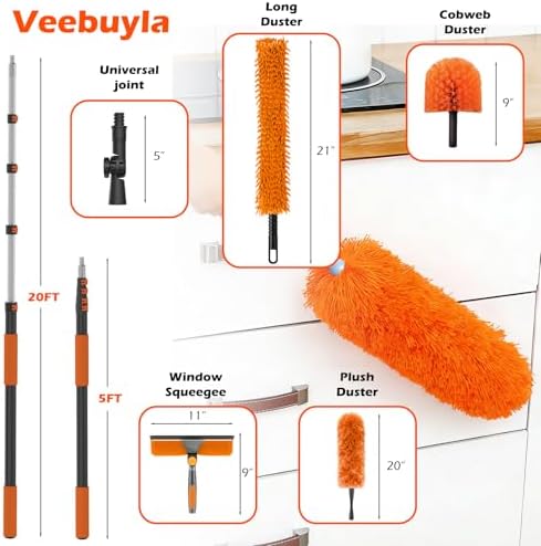 25FT Reach High Ceiling Duster Kits with 5-20FT Adjustable Pole - Includes Extra Long Duster, High Ceiling Duster, Rotatable Window Squeegee & Cobweb Duster for Ceiling Fans and Whole House Cleaning - Image 2