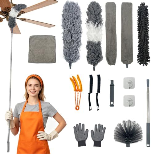 15 PCS Feather Dusters for Cleaning, Microfiber Duster with Extension Pole 100in, Extendable Duster for High Ceilings, Ceiling Fans, Baseboards, Blinds, Car Interior - Washable Reusable Dusting Tools by Unknown