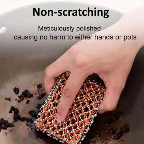 2026 Upgrade 316 Stainless Steel Pan Cleaner,4.5 Inch Triple-Ring Chain Mail Scrubber with Silicone Core, Cast Iron Pot Brush for Easier Removal of Stubborn Oil Stains & Food Residue–Orange - Image 2