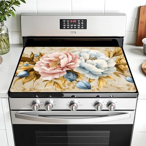Multi-Design Stove Top Cover for Glass/Electric Stoves - 3-in-1 Heat-Resistant Protector Mat, Non-Slip Drying Rack 28"x20" (Pink-White Peony) by AOHMPT