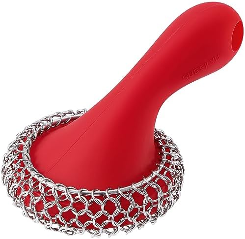 Cast Iron Scrubber,Stainless Chainmail Scrubber with Handle,Red by SUBEKYU