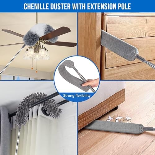 Dusters for Cleaning - 9Pcs Feather Duster Extendable Pole Up to 100'', Microfibre Feather Duster Bendable Washable Long Duster for Cleaning Ceiling Chandelier High Ceiling Furniture - Image 4