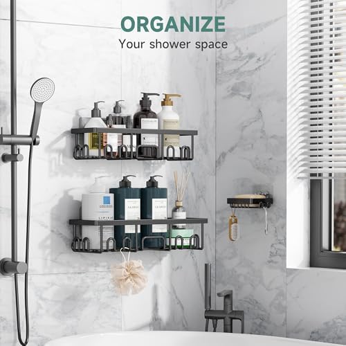 Veken Shower Caddy 3-Pack, Advanced Rustproof Design, No Drilling Adhesive Shelves, Rack with Soap Holder, Large Capacity Bathroom Organizers and Storage, Wall-Mounted Kitchen & Home Decor, Black - Image 5
