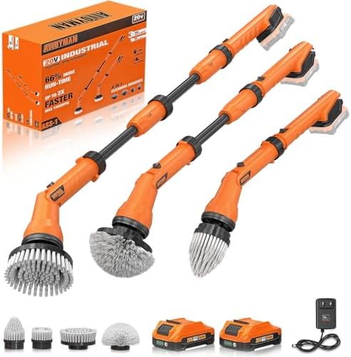 2 Battery Electric Spin Scrubber, 1000RPM Cordless Cleaning Brush Waterproof with 20V Power Supplied, Adjustable Extension Handle, 4 Replaceable Cleaning Heads, Hook, Gloves - for Tub/Tile/Wall/Floor by ALLOYMANProfessionalTools