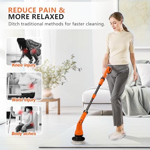 2 Battery Electric Spin Scrubber, 1000RPM Cordless Cleaning Brush Waterproof with 20V Power Supplied, Adjustable Extension Handle, 4 Replaceable Cleaning Heads, Hook, Gloves - for Tub/Tile/Wall/Floor - Image 3