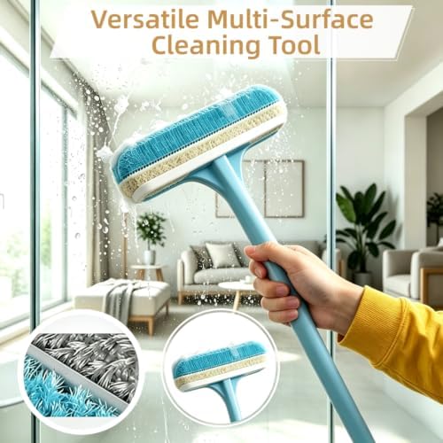 3-in-1 Window Screen Cleaning Brush with Squeegee, Mesh Screen Cleaner Tool with Detachable Handle, Dual-Purpose Wet & Dry Scrubber for Window, Patio, Door Screens (2 Pack – Lime Green + Blue) - Image 3