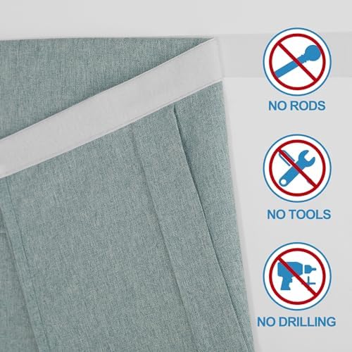 RYB HOME Linen Blended French Door Shades Self Adhesive, Privacy Room Darkening Glass Door Window Curtains for Kitchen Patio Sidelight Curtain Tie Up Shade, W 34 x L 80 in, 1 Pc, Stone Blue - Image 3