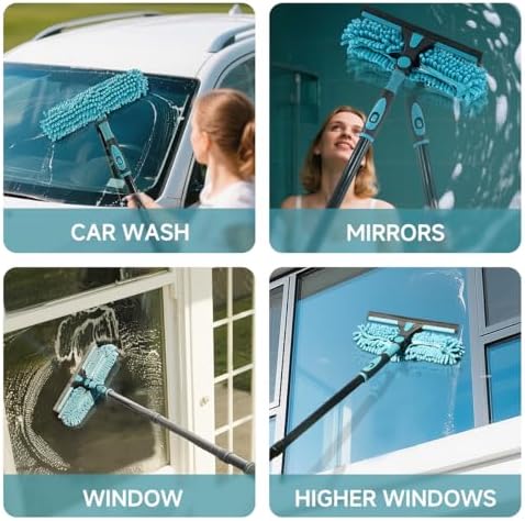 62" Window Squeegee, 2 in 1 Window Cleaning Tool with Telescopic Pole, Rotatable and Bendable Head for High Windows Indoor Outdoor, Includes 2 Blades & 2 Pads (Microfiber+Pads) - Image 7