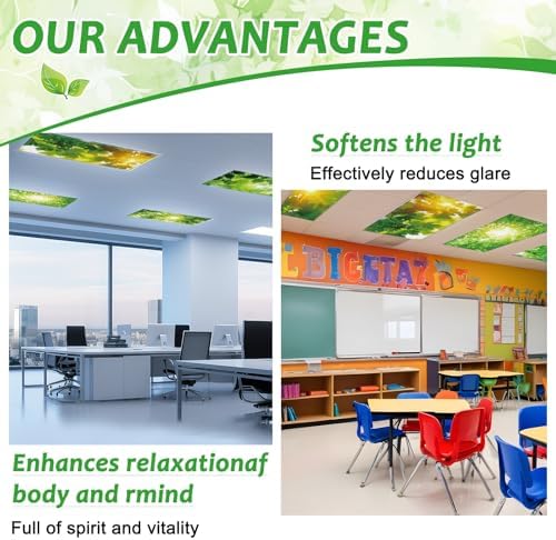 Wiooffen 6 Pcs Fluorescent Light Covers with 60 Magnets Decorative for Classroom Ceiling Light 4 x 2 Feet Magnetic Light Covers Filter Easy Install for Office Hospitals & Home(Green Leaves) - Image 6