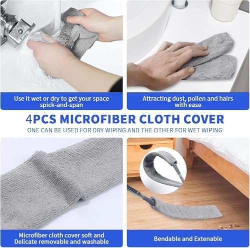Retractable Gap Dust Cleaner, Extendable Gap Duster with 4 Microfiber Dusting Cloths Long, Under Appliances Cleaning Tools with Extendable Pole,Under Refrigerator, Furniture, High Ceiling - Image 3