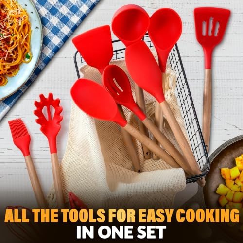 12 Pcs Red Kitchen Utensils Set with Holder – Versatile Silicone Utensils Set for Cooking and Baking, Gentle on Pots and Pans, Heat-Resistant, Stylish, Easy to Clean, Red Kitchen Accessories - Image 5