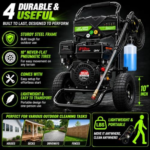4200 PSI 4.0 GPM Gas Pressure Washer, 212cc Heavy Duty Power Washer, Commercial Gas Powered Pressure Washer for Driveways, Cars, Decks, Patios, Siding and Outdoor Cleaning - Image 6