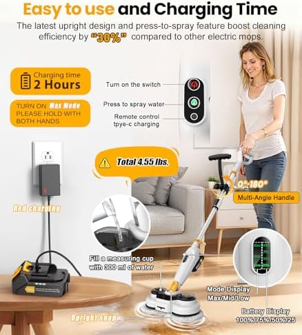 Qimedo Battery Electric Mop, Cordless Electric Scrubber & Flat Mop for Floor Cleaning, Best Automatic Spin Mops with Smart Display,Rotating Mops with LED Light & Water Spray - Image 3