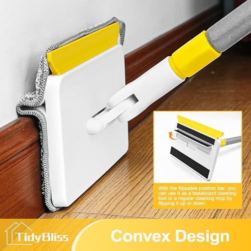 TidyBliss Baseboard Cleaner Tool with Handle, 55.9” Long Wall and Base Board Cleaning Mop, 4 Reusable Pads, 1 Stiff Bristle Scrubber Brush for Floorboard Ceiling Cabinet Window Bathroom (Yellow) - Image 2