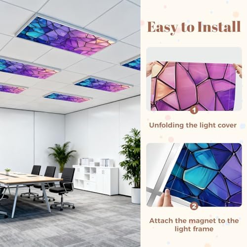 6 Pcs Fluorescent Light Covers for Ceiling Lights abstract stained glass mosaic purple violet Magnetic Decorative Shade Filters 4x2 ft for Classroom Office Hospital Decor - Image 7