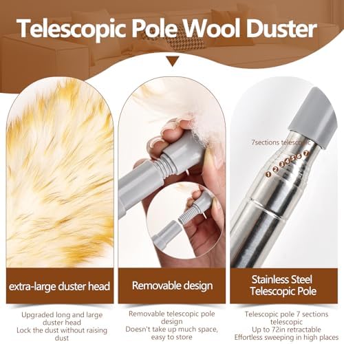 Lambswool Duster for Cleaning with Non-Slip Handle 98.4" Removable Retractable Feather Duster for Cleaning Ceiling Fans Window Blinds Interior Roof Furniture(1PCS) - Image 3