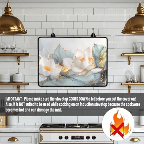 White Flower Golden Ribbon Stove Top Cover for Electric Stoves - Image 4