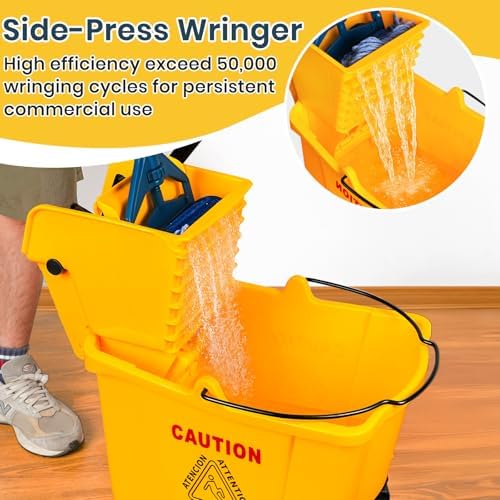 35 Qt Commercial Mop Bucket with Side Press Wringer on Wheels, Industrial Mop and Bucket Set with 6 Heavy Duty Mop Heads, Rectangular Janitorial Supplies for Restaurant, Hotel, School, Office & Home - Image 2